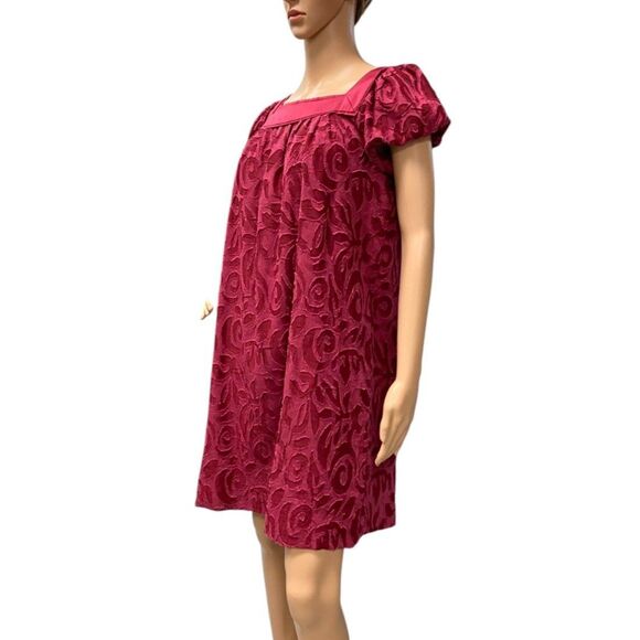 BCBG PARIS Women's Chic Burgundy Babydoll Dress Textured Floral Pattern Sz 8 - Picture 3 of 7